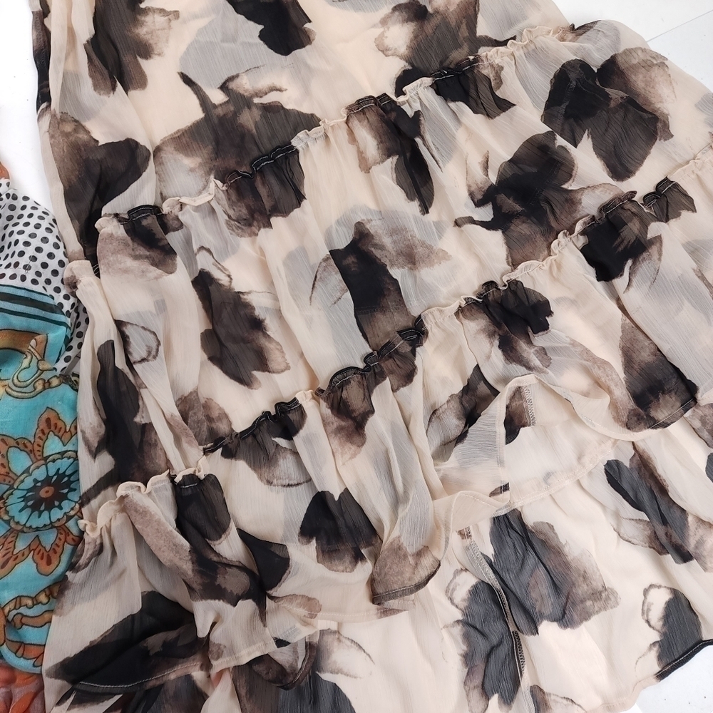 New Simply Vera Wang Beige Brown Black Floral Sheer Maxi High Lo Ruffle Dress Xs - Picture 13 of 14